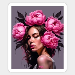 Flower Head Woman with Pink Peony Roses Magnet